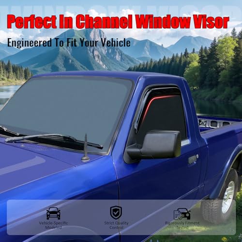 Window Visor Compatible with 1993-2011 Ford Ranger Mazda, in Channel Style Dark Smoke Tint Acrylic Shade Rain Sun Guard Wind Vent Air Deflector by IKON MOTORSPORTS, 1994 1995 1996 1997 1998 1999