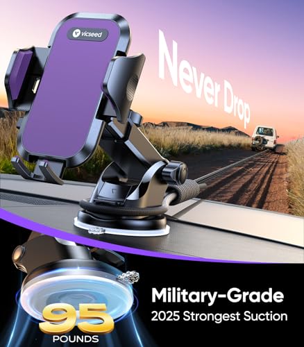 VICSEED Purple Phone Holders for Your Car [Upgraded True Military-Grade Strongest Suction] Cell Phone Mount for Car Dashboard Windshield Vent Truck Boat Stand Adjustable for iPhone Android - color: Purple