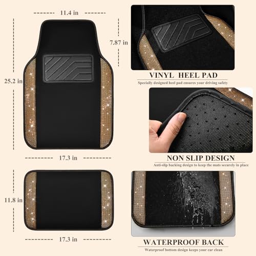 CAR PASS Bling Diamond Car Floor Mats, Shining Rhinestone Carpet Sparkly Glitter Crystal with Anti-Slip PVC Heel Pad Waterproof Universal Fit Automotive SUV,Sedan,Van,Cute Girl Women,4pcs Golden - color: Golden