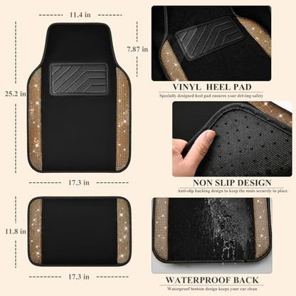 CAR PASS Bling Diamond Car Floor Mats, Shining Rhinestone Carpet Sparkly Glitter Crystal with Anti-Slip PVC Heel Pad Waterproof Universal Fit Automotive SUV,Sedan,Van,Cute Girl Women,4pcs Golden - color: Golden