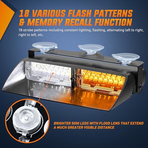 Nilight Emergency Strobe Lights Windshield Hazard Warning Safety Flash with Suction Cups Super Bright LED Light Amber White for Police Enforcement Firefighters Vehicle Truck - color: Amber White