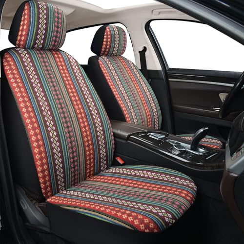 Baja Saddle Blanket Car Seat Covers, Boho Striped Woven Front Seat Protectors, Breathable & Washable Interior Covers, Universal Fit for Most Cars SUVs Trucks, Airbag Compatible, Flower, 8 pcs. - color: FLOWER&RED