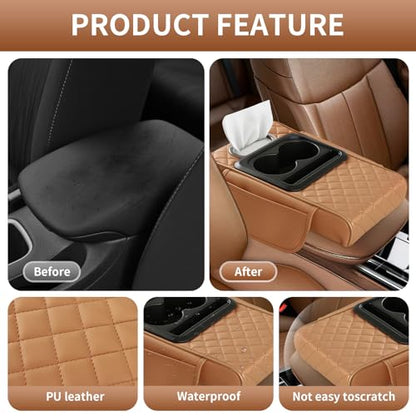 5-in-1 Car Armrest Cushion, Multifunctional PVC Leather Center Console Armrest Pillow Elbow, Universal Arm Box Pad Cover with Cup Holder, Phone Slot, Tissue Box Slot & 2 Storage Bags, Orange - color: Orange