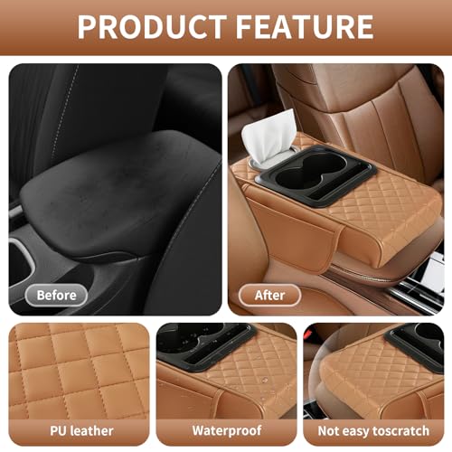 5-in-1 Car Armrest Cushion, Multifunctional PVC Leather Center Console Armrest Pillow Elbow, Universal Arm Box Pad Cover with Cup Holder, Phone Slot, Tissue Box Slot & 2 Storage Bags, Grey - color: Gray