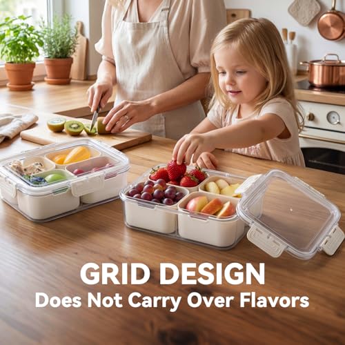 2 Pack Small Snack Box Container with Lid, 4 Compartment Snack Containers for Kids & Adults, Portable Snack Tray Organizer for School Lunch, Work, Beach,Travel & Picnic