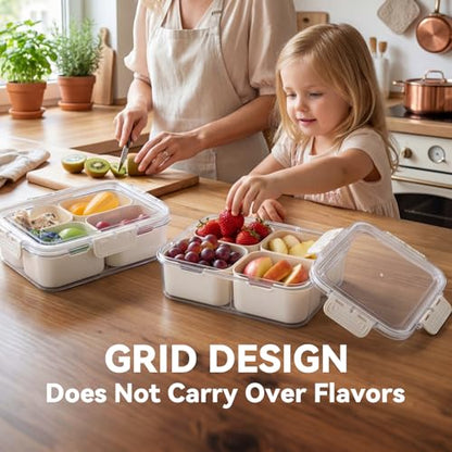 2 Pack Small Snack Box Container with Lid, 4 Compartment Snack Containers for Kids & Adults, Portable Snack Tray Organizer for School Lunch, Work, Beach,Travel & Picnic