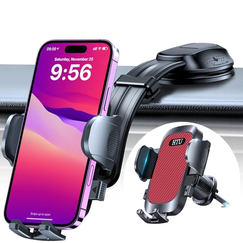 HTU Upgraded Strongest Suction Car Phone Holder Bendable Arm, Never Block View Rotatable Cellphone Mount for Dashboard Windshield Vent, Cradle Stand for iPhone 17 16 15 14 13 12 Pro Max (Red) - color: Red