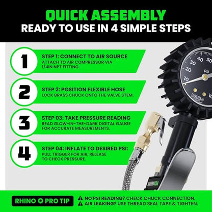 Rhino USA Tire Pressure Gauge with Inflator (0-100 PSI) - Heavy Duty Air Chuck and Compressor Accessories with Stainless Braided Hose, Large Analog Dial and Solid Brass Hardware for Truck and RV - style: 100psi Analog