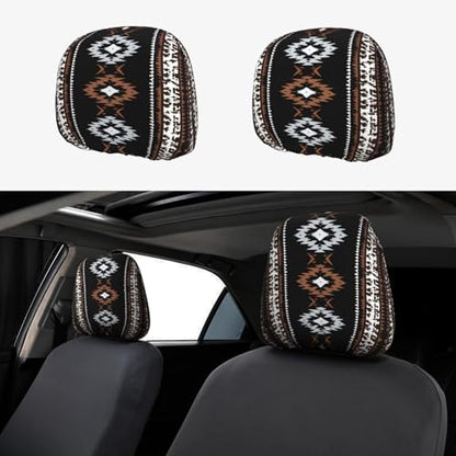 Black Aztec Car Seat Headrest Covers Universal Size Western Southwest Head Rest Wrap Cover Soft Breathable Native American Cars Accessories 2 Packs Headrest Cushion Case - color: Black Aztec