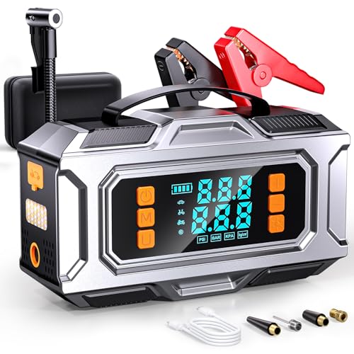 Jump Starter with Air Compressor, 8000A Car Battery Jump Starter (9.0 Gas/8.0L Diesel), 180PSI Car Battery Jumper Starter Portable 12V Jump Box with Jumper Cables, LED Light, Power Bank, LCD Display