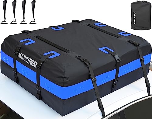 MARCHWAY Waterproof Car Roof Luggage Bag, Weatherproof Soft Shell Rooftop Cargo Carrier Bag for Vehicles with or Without Rack. 6 Door Hooks, Anti Slip Mat, Lock Included (21 Cubic Feet, Blue) - size: 21 Cubic Feet, Blue