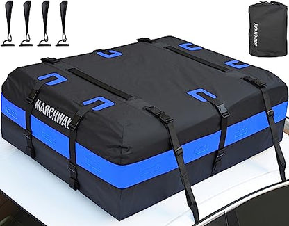 MARCHWAY Waterproof Car Roof Luggage Bag, Weatherproof Soft Shell Rooftop Cargo Carrier Bag for Vehicles with or Without Rack. 6 Door Hooks, Anti Slip Mat, Lock Included (21 Cubic Feet, Blue) - size: 21 Cubic Feet, Blue