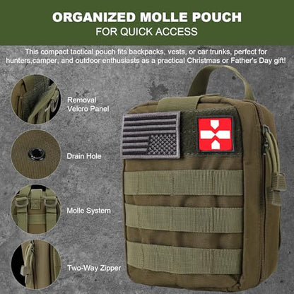 Gifts for Men Christmas Dad, Survival Kit, 150 PCS Survival Gear and Supplies Equipment with Trauma Bag, Molle Pouch Emergency Kit for Outdoor Camping, Hunting, Car, Home, Earthquake, Adventures - color: Green