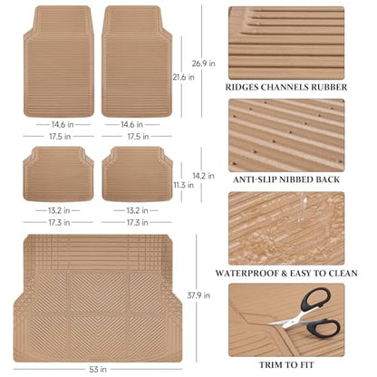 CAR PASS Tan Rubber Car Floor Mats & Cargo Liners, All Weather Car Mats & Trunk Mats,Waterproof Automotive Floor Mats Trim to Fit for Most Cars Sedans SUVs Vans, Durable Heavy Duty Anti-Slip,Beige - color: Beige with cargo liner