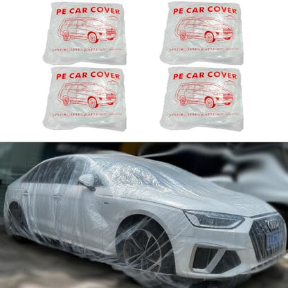 4 Packs Disposable Car Cover Clear Plastic Car Cover Universal Rain Dust Garage Cover with Elastic Band Medium (12.4 FT x 21.6 FT) - size: 4 PCS L(12.4ft * 21.6ft)