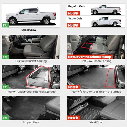 LASFIT Floor Mats for Ford F-150 2021-2026 | F150 Lightning 2022-2025 SuperCrew (Rear w/Fold Flat Storage) Carpet Floor All Weather Car Liners TPE Truck Mats - 1st and 2nd Row, 3pcs Black - style: 1) F-150 SuperCrew| 21-26 | 2Rows w/ Fold Storage