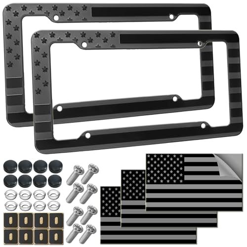 American Flag License Plate Frame - Black Plastic Patriotic USA Car Tag Frame 2 Pack, Raised 3D Stars & Stripes Holder with Screws Caps Decals - color: Black-Plastic