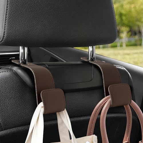 Leather Car Purse Hooks with Larger Strap Holder Purse Hook Purse Holder for car car seat Back Hooks Automotive seat Back Organizer headrest Hooks for Bags and Purse (Brown, 2pcs) - color: Brown
