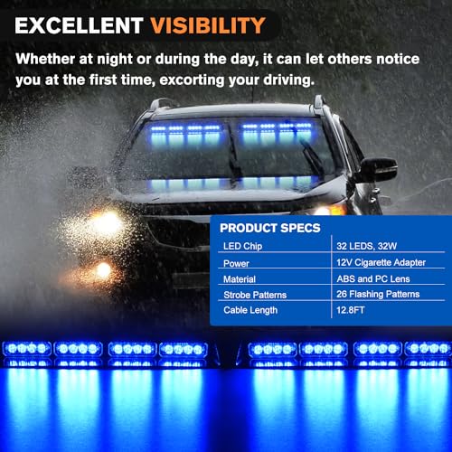 Nilight 32LED Blue Emergency Dash Strobe Lights with Controller Suction Cups Warning Hazard Interior Front/Rear Windshield Deck Split Light Bar for Trucks Construction Vehicles - color: Blue