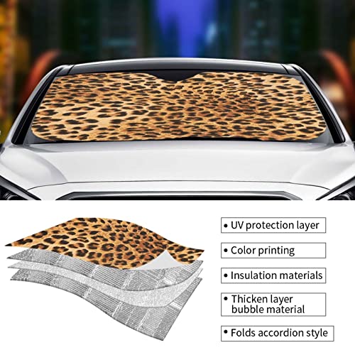 Windshield Sun Shade Cheetah Leopard Print Foldable Car Front Sunshade for Most Sedans SUV Truck Auto Sun Blocker Visor Blocks UV Rays Keeps Your Vehicle Cool-55 x 29.9 Inch - color: Leopard Print