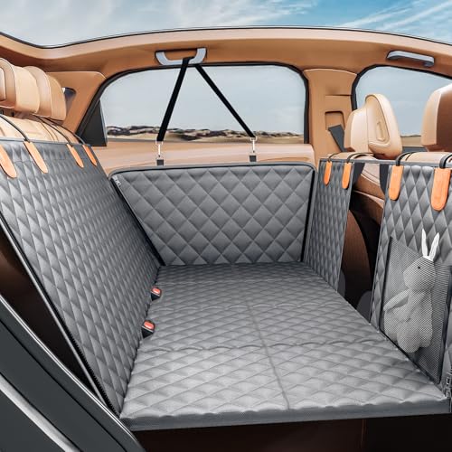 PETICON Back Seat Extender for Dogs, Hard Bottom Dog Car Seat Cover - Supports 400lbs, Rear Seat Pet Cover with Mesh Window, Waterproof Dog Hammock for Car SUV - color: gray