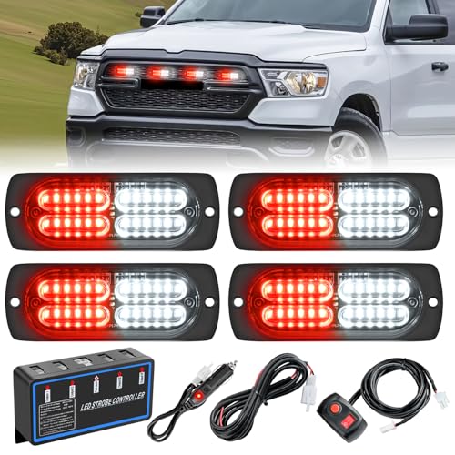 Nilight 4PCS LED Strobe lights 12V 24V Sync Feature Red White 24LED Emergency Hazard Warning Lights with Controller Hard Wire or Cigarette Lighter Plug for Car Truck RVs Campers - color: Red White w/Controller