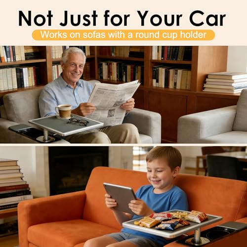 Car Food Tray & Car Table Tray with Car-Grade Aluminum Cup Holder & Phone Stand, Premium Wood with Leather Surface, 360° Rotating Car Desk for Laptop &Eating (Square, Black) - color: 𝗦𝗾𝘂𝗮𝗿𝗲 · Black