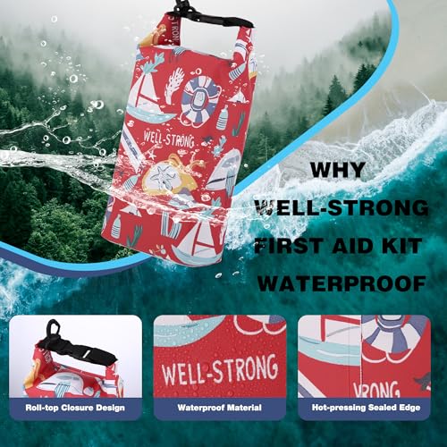 Boat First Aid Kit Waterproof, WELL-STRONG Marine Emergency Kit with Roll Top Dry Bag for Boating Fishing Kayaking – Water-Resistant Contents for Camping & Beach（Red Sea） - color: Ws011-redsea
