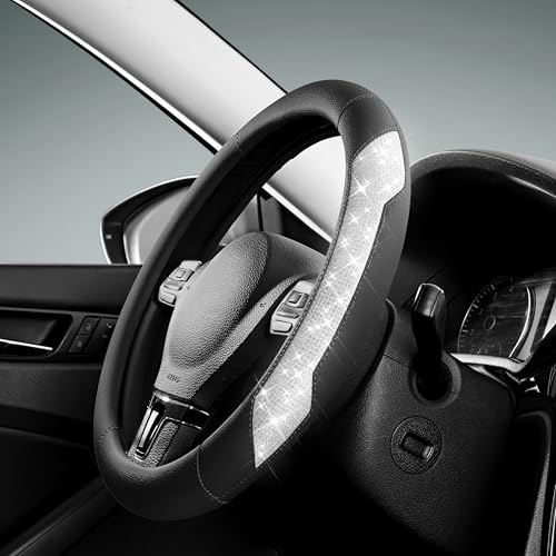 PIC AUTO Steering Wheel Cover, Sparkly Crystal Bling Glitter with Black Leather, Universal Fit 14.5"-15.5" Car Steering Wheels for Girls & Women, Breathable Anti-Slip Steering Wheels Cover - color: Black