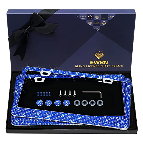 Bling Rhinestone License Plate Frame for Women 2PC, Sparkly License Plate Frames| Stainless Steel Frames & Over 1200 pcs Finest 14 Facets Glass Crystals Premium Diamond (Dark Blue) - color: dark blue-2PK