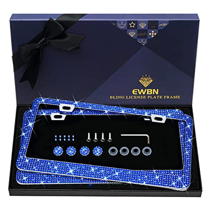 Bling Rhinestone License Plate Frame for Women 2PC, Sparkly License Plate Frames| Stainless Steel Frames & Over 1200 pcs Finest 14 Facets Glass Crystals Premium Diamond (Dark Blue) - color: dark blue-2PK