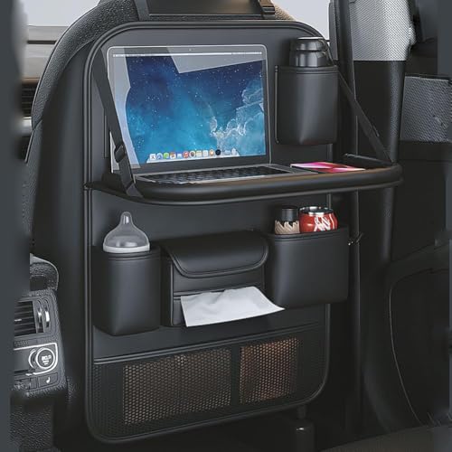 2 Pack Leather Car Backseat Organizer with Foldable Table Tray, Car Storage Organizer with Tablet Holder, Car Seat Back Protectors Kick MatsTravel Accessories - color: black