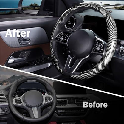 Car Steering Wheel Cover Carbon Fiber Snap On Steering Wheel Accessories Wrap 14.5-15 inch Universal Grip Anti-Skid Protector, Glossy Silver - color: Glossy Silver