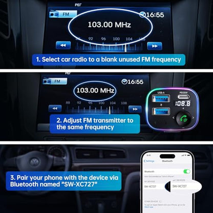 Syncwire Bluetooth 5.3 FM Transmitter Car Adapter 48W(PD 36W & 12W) [Light Switch] [Hi-Fi Deep Bass] [Fast Charging] Wireless Radio Music Adapter LED Display Hands-Free Calling Support USB Drive - color: Dark Blue, style: 48W