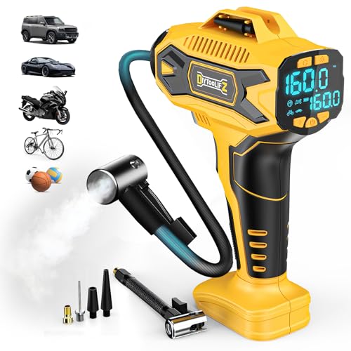 DIYtoolifz Cordless Tire Inflator Air Compressor Compatible with Dewalt 20V Battery, 160PSI Portable Air Pump with Digital Pressure Gauge, Fast Inflation for Cars, Motorcycles, Bikes (Bare Tool) - color: Yellow- Compatible With Dewalt 20v(baretool), size: