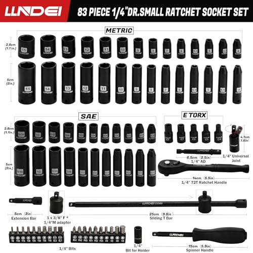 LLNDEI 1/4 inch Drive Impact Socket Set 83 Piece,Standard SAE(5/32-9/16 inch) Metric Size(4-15mm),72T Ratchet Wrench Handle,CR-V Mechanics Tool Set with Adapter,Screwdriver Bits for Automotive Repair - size: 83-Piece 1/4" Drive Impact Socket Set