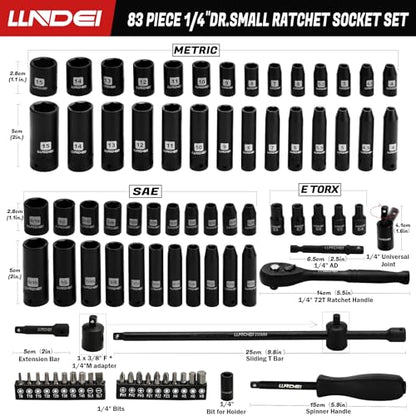 LLNDEI 1/4 inch Drive Impact Socket Set 83 Piece,Standard SAE(5/32-9/16 inch) Metric Size(4-15mm),72T Ratchet Wrench Handle,CR-V Mechanics Tool Set with Adapter,Screwdriver Bits for Automotive Repair - size: 83-Piece 1/4" Drive Impact Socket Set
