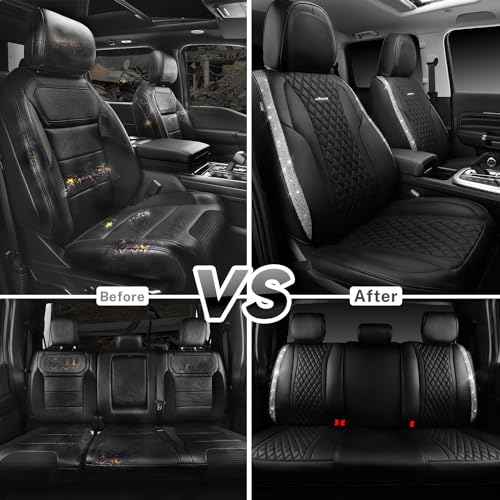 CAR PASS Bling Leather Car Seat Covers & Black Nappa Leather Calfskin Seat Cushioned Protector, Waterproof Anti-Slip Universal Fit SUV Truck Sedan, Glitter Sparkly Shining Rhinestone, Silver Diamond - color: Black and Silver Diamond, size: Full Set