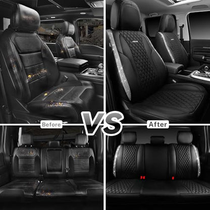 CAR PASS Bling Leather Car Seat Covers & Black Nappa Leather Calfskin Seat Cushioned Protector, Waterproof Anti-Slip Universal Fit SUV Truck Sedan, Glitter Sparkly Shining Rhinestone, Silver Diamond - color: Black and Silver Diamond, size: Full Set