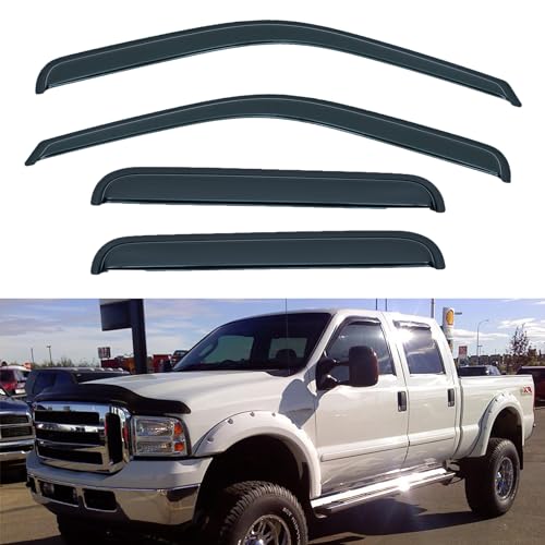 Window Visor Rain Guards Compatible with 1999-2016 Ford F250/F350/F450 Super Duty Super Crew Cab Front+Rear Window Wind Deflectors Vent Visors Shades for Truck Accessories Tape-On 4pcs - size: for 1999-2016 Ford F250 SuperCrew Cab