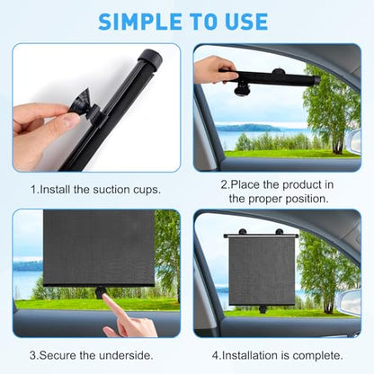 Car Window Shades for Baby, 2 Pack Retractable Side Window Sun Shade with Suction Cups, Blocks UV Rays & Heat Glare Protection, Roller Sunshade for Kids, Pets, and Car Passengers (15x17 Inch)