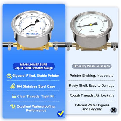MEANLIN MEASURE 9Pieces KIT 0-60Psi Stainless Steel Liquid Filled Pressure Gauge 1/4" NPT 2.5" FACE DIAL, Back Mount with 1/4" 5/16" Hose Barb, Tee Fittings, WOG Water Oil Air - size: 0-60Psi (9Pcs Kit)