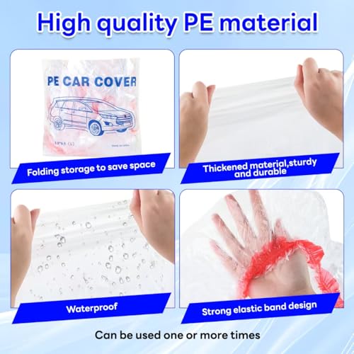 2 Pack Disposable Car Cover Clear Plastic Car Cover Universal Rain Dust Garage Cover with Elastic Band Medium (12.4 FT x 21.6 FT)