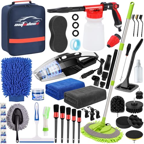 43Pcs Car Wash Detailing Kit Cleaning Kits with Foam Gun Sprayer Long Handle Mop Car Vacuum Drill Brush Large Wash Mitt Towels Complete Interior Exterior Car Washing Supply Set Blue - color: Blue, size: 43Pcs