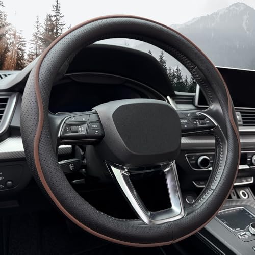 HAOTULE Leather Steering Wheel Cover， with Anti-Slip Stripe Design - Enhanced Grip, Fashion Style, Safe, Non-Slip, Breathable. Upgrade car Interior，Black Brown - color: Black Brown