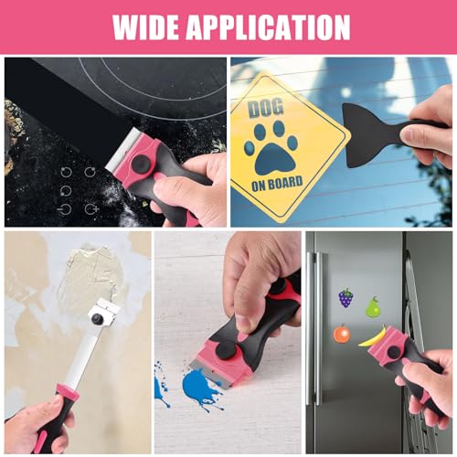NECAMOCU 4 Pack Razor Blade Scraper, Premium Cleaning Scraper Tool with 50 PCS Metal & Plastic Razor Blades, Multi-Purpose Glass Scraper for Windows, Sticker, Decals, Cooktop, Paint Removal (Pink) - color: Pink