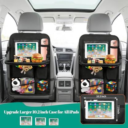 2 Pack Backseat Car Organizer with Touch Screen Tablet Holder, Upgraded Car Seat Organizer with Tray, 9 Storage Pockets with Foldable Food Tray, Protector Kick Mats for Kids, Travel Accessories-Black