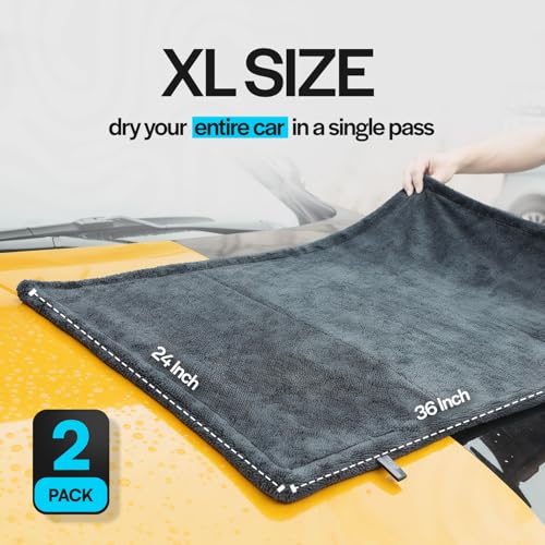 Crystal Clean 2-Pack 1300GSM Microfiber Towels for Cars – XL (24 x 36 inch) Car Drying Towel with Double Twisted Loop, Detailing Towels for Cars - Quick Dry, Paint Safe & Swirl-Free - color: 2 Pack Grey