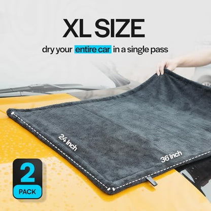 Crystal Clean 2-Pack 1300GSM Microfiber Towels for Cars – XL (24 x 36 inch) Car Drying Towel with Double Twisted Loop, Detailing Towels for Cars - Quick Dry, Paint Safe & Swirl-Free - color: 2 Pack Grey