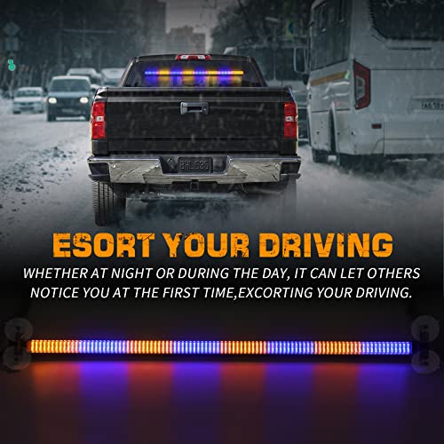 XRIDONSEN 35 inch Amber Blue Traffic Advisor Light Bar 144 LED Emergency strobe lights Warning Flashing Safety Front/Rear Windshield Lights w/Directional Arrow for Vehicles Snow plow Trucks - color: Amber/Blue